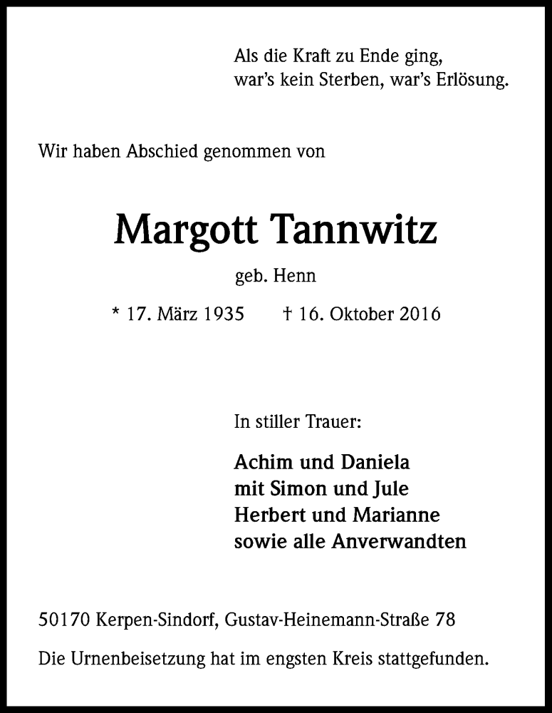  Traueranzeige für Margott Tannwitz vom 30.11.2016 aus Kölner Stadt-Anzeiger / Kölnische Rundschau / Express
