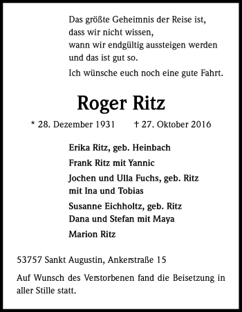 Anzeige von Roger Ritz von Kölner Stadt-Anzeiger / Kölnische Rundschau / Express