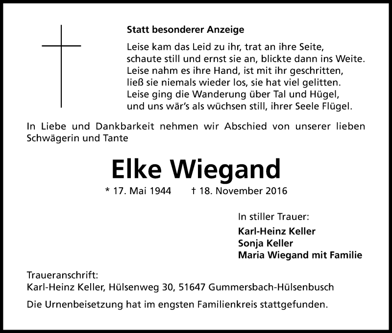  Traueranzeige für Elke Wiegand vom 26.11.2016 aus Kölner Stadt-Anzeiger / Kölnische Rundschau / Express