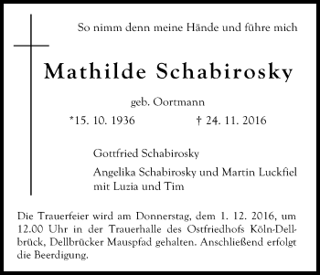 Anzeige von Mathilde Schabirosky von Kölner Stadt-Anzeiger / Kölnische Rundschau / Express