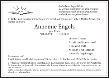 Anzeige von Annemie Engels von  Sonntags-Post 