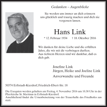 Anzeige von Hans Link von  Werbepost 