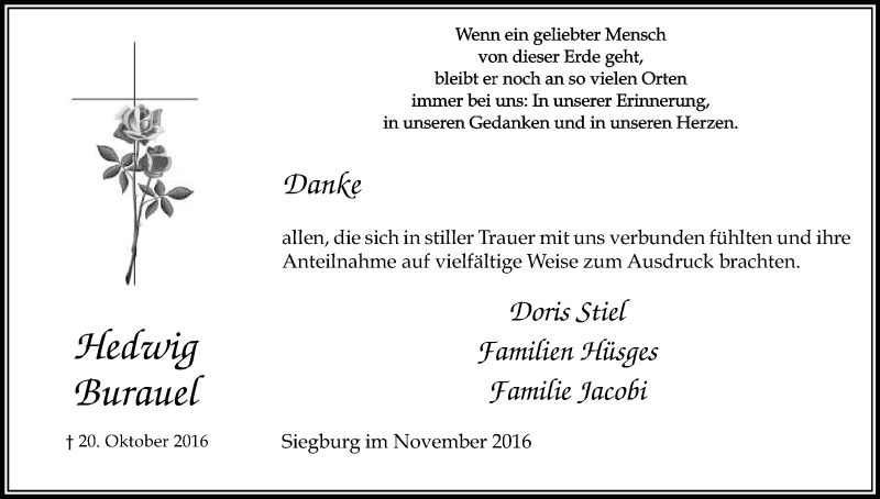  Traueranzeige für Hedwig Burauel vom 12.11.2016 aus Kölner Stadt-Anzeiger / Kölnische Rundschau / Express