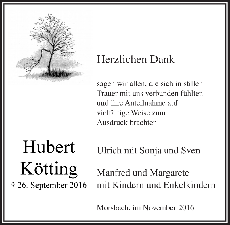  Traueranzeige für Hubert Kötting vom 16.11.2016 aus  Lokalanzeiger 
