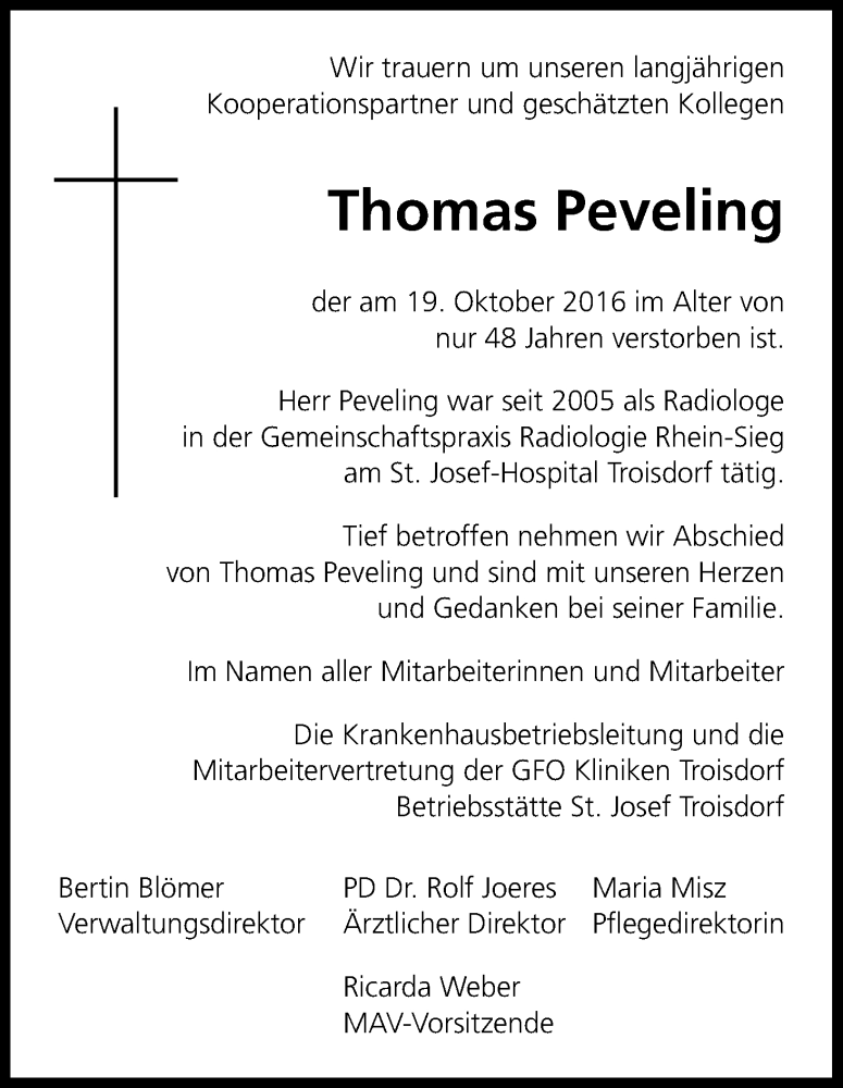  Traueranzeige für Thomas Peveling vom 05.11.2016 aus Kölner Stadt-Anzeiger / Kölnische Rundschau / Express