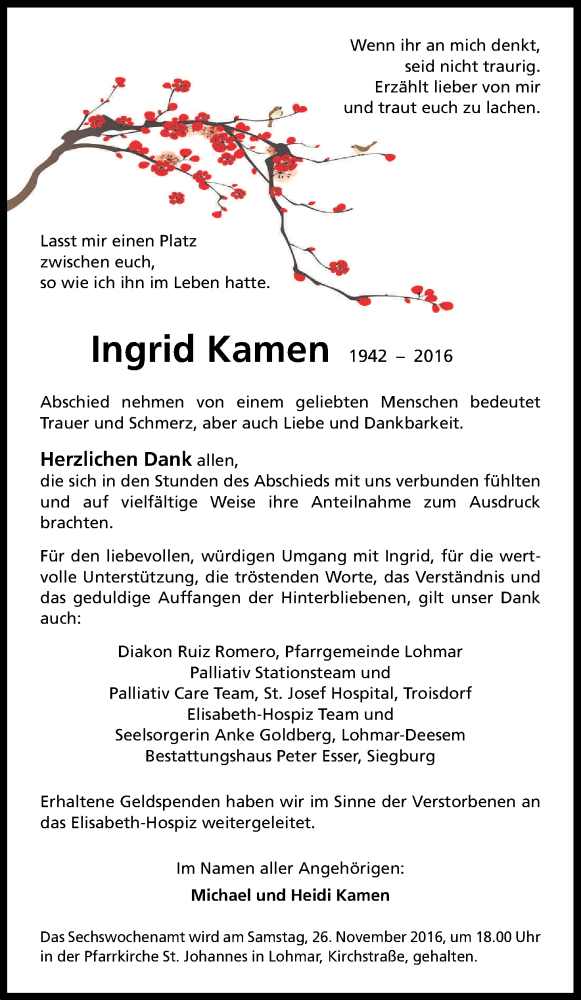  Traueranzeige für Ingrid Kamen vom 19.11.2016 aus Kölner Stadt-Anzeiger / Kölnische Rundschau / Express