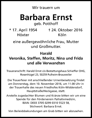 Anzeige von Barbara Ernst von Kölner Stadt-Anzeiger / Kölnische Rundschau / Express
