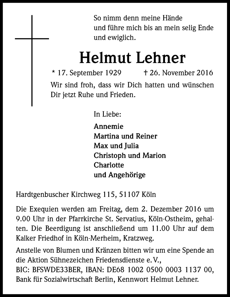  Traueranzeige für Helmut Lehner vom 30.11.2016 aus Kölner Stadt-Anzeiger / Kölnische Rundschau / Express