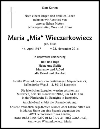 Anzeige von Maria Wieczarkowiecz von Kölner Stadt-Anzeiger / Kölnische Rundschau / Express