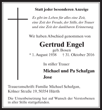 Anzeige von Gertrud Engel von  Wochenende 