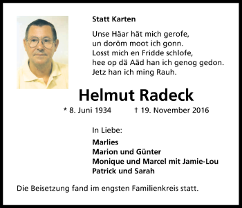 Anzeige von Helmut Radeck von Kölner Stadt-Anzeiger / Kölnische Rundschau / Express