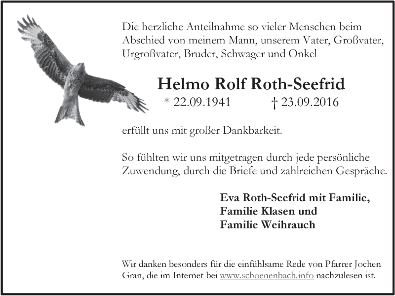 Traueranzeige für Helmo Rolf Roth-Seefrid vom 23.11.2016 aus  Lokalanzeiger 