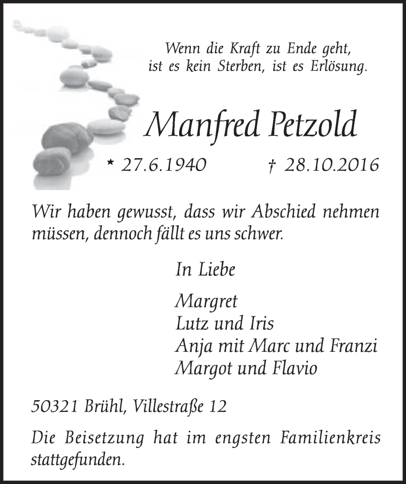  Traueranzeige für Manfred Petzold vom 16.11.2016 aus  Schlossbote/Werbekurier 