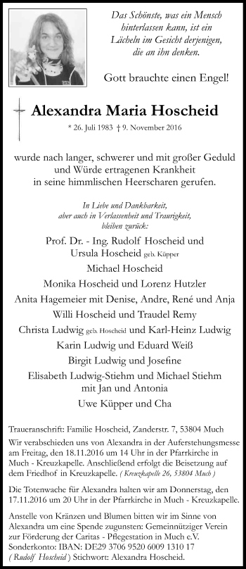 Anzeige von Alexandra Maria Hoscheid von Kölner Stadt-Anzeiger / Kölnische Rundschau / Express
