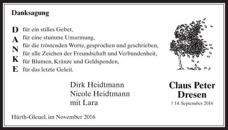  Traueranzeige für Claus Peter Dresen vom 02.11.2016 aus  Wochenende 