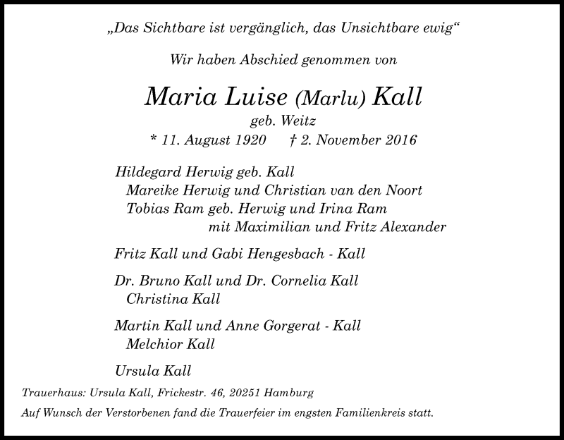  Traueranzeige für Maria Luise Kall vom 12.11.2016 aus Kölner Stadt-Anzeiger / Kölnische Rundschau / Express