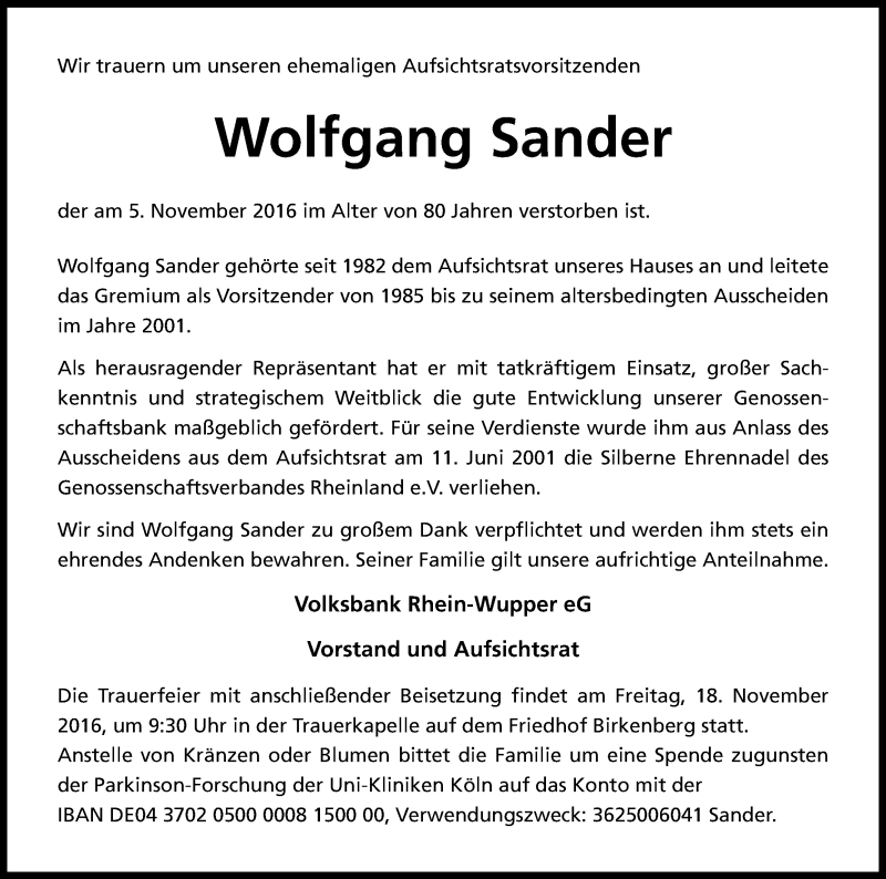  Traueranzeige für Wolfgang Sander vom 12.11.2016 aus Kölner Stadt-Anzeiger / Kölnische Rundschau / Express