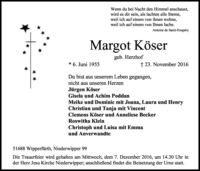  Traueranzeige für Margot Köser vom 29.11.2016 aus Kölner Stadt-Anzeiger / Kölnische Rundschau / Express
