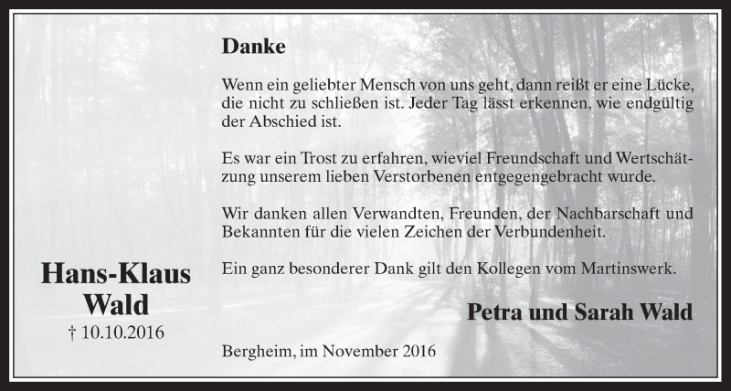  Traueranzeige für Hans-Klaus Wald vom 09.11.2016 aus  Werbepost 
