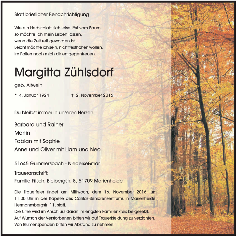 Traueranzeige für Margitta Zühlsdorf vom 09.11.2016 aus  Anzeigen Echo 