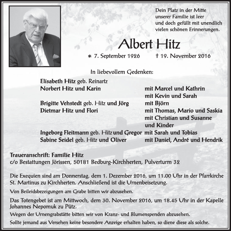  Traueranzeige für Albert Hitz vom 26.11.2016 aus  Sonntags-Post 