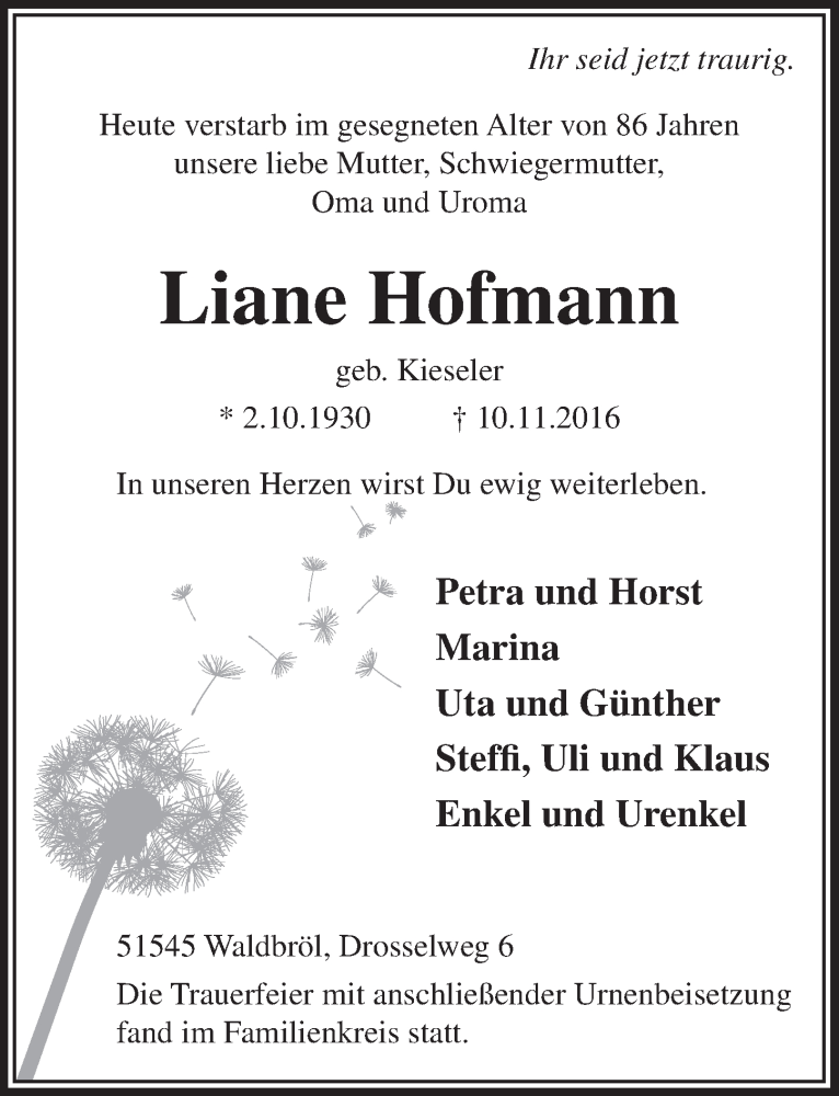  Traueranzeige für Liane Hofmann vom 23.11.2016 aus  Lokalanzeiger 