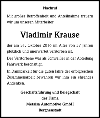 Anzeige von Vladimir Krause von Kölner Stadt-Anzeiger / Kölnische Rundschau / Express
