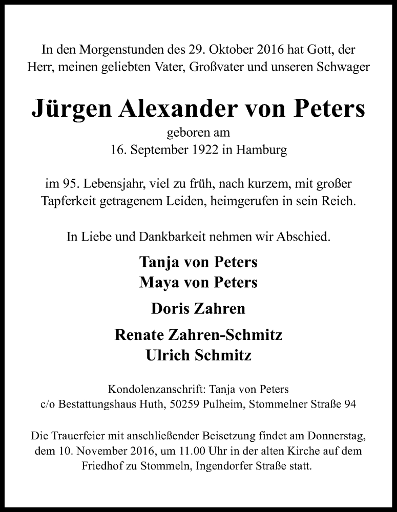  Traueranzeige für Jürgen Alexander von Peters vom 05.11.2016 aus Kölner Stadt-Anzeiger / Kölnische Rundschau / Express