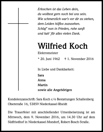 Anzeige von Wilfried Koch von Kölner Stadt-Anzeiger / Kölnische Rundschau / Express