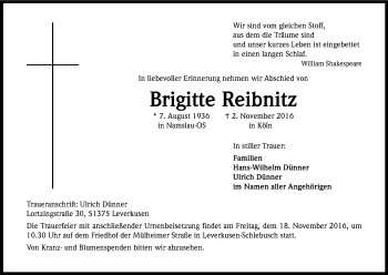 Anzeige von Brigitte Reibritz von Kölner Stadt-Anzeiger / Kölnische Rundschau / Express