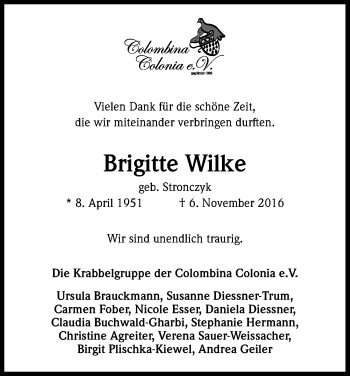 Anzeige von Brigitte Wilke von Kölner Stadt-Anzeiger / Kölnische Rundschau / Express