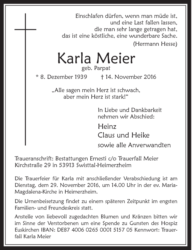  Traueranzeige für Karla Meier vom 23.11.2016 aus  Schaufenster/Blickpunkt 