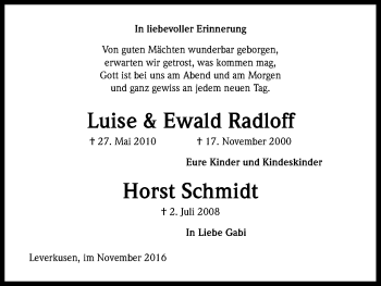 Anzeige von Luise und Ewald Radloff und Horst Schmidt von Kölner Stadt-Anzeiger / Kölnische Rundschau / Express