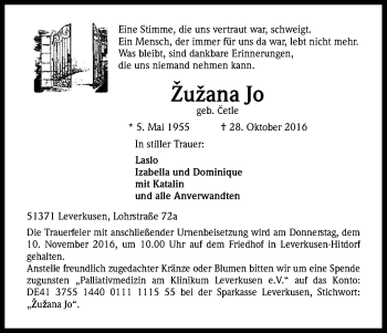 Anzeige von Zuzana Jo von Kölner Stadt-Anzeiger / Kölnische Rundschau / Express