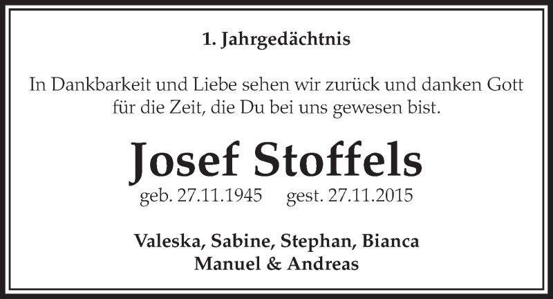  Traueranzeige für Josef Stoffels vom 23.11.2016 aus  Schaufenster/Blickpunkt 