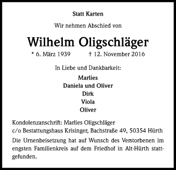 Anzeige von Wilhelm Oligschläger von Kölner Stadt-Anzeiger / Kölnische Rundschau / Express
