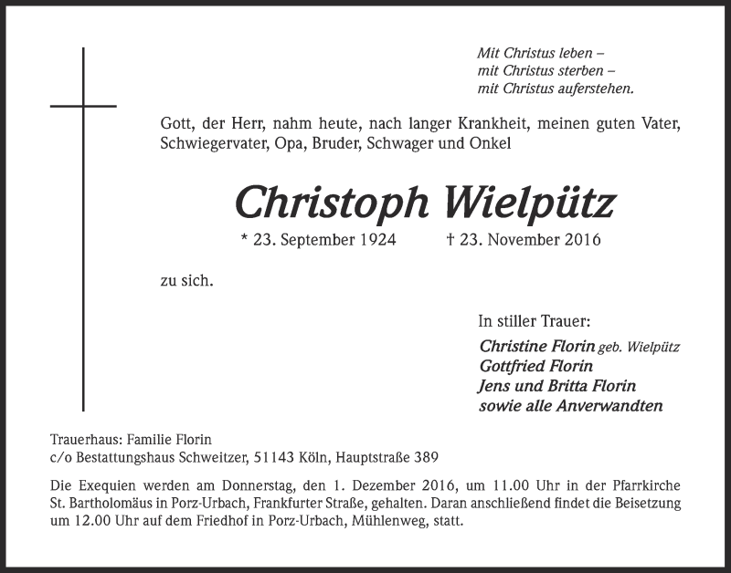  Traueranzeige für Christoph Wielpütz vom 30.11.2016 aus  Kölner Wochenspiegel 
