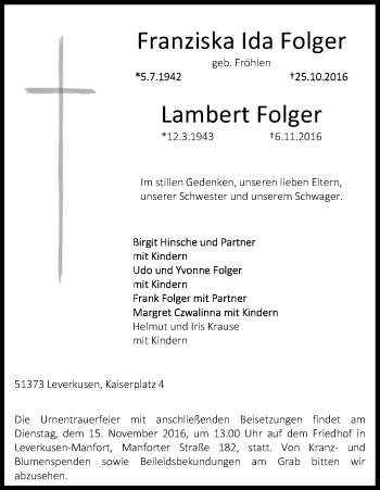 Anzeige von Franziska Ida und Lambert Folger von Kölner Stadt-Anzeiger / Kölnische Rundschau / Express