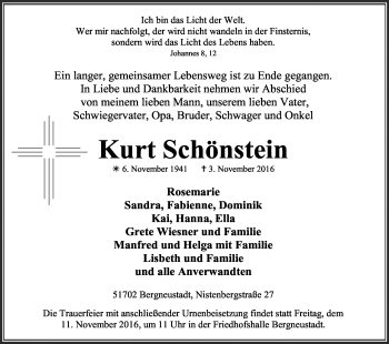 Anzeige von Kurt Schönstein von Kölner Stadt-Anzeiger / Kölnische Rundschau / Express
