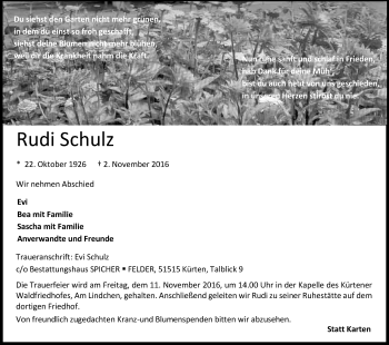 Anzeige von Rudi Schulz von Kölner Stadt-Anzeiger / Kölnische Rundschau / Express