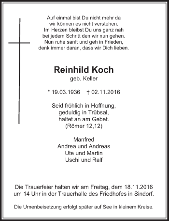 Anzeige von Reinhild Koch von  Sonntags-Post 