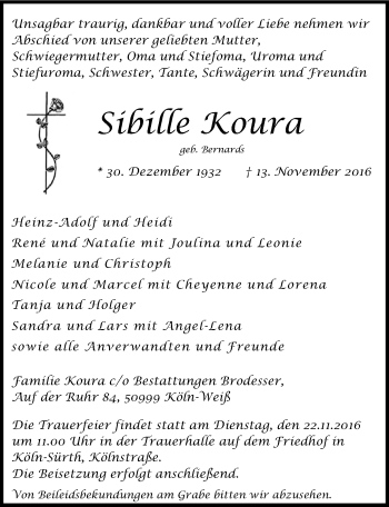 Anzeige von Sibille Koura von  Kölner Wochenspiegel 