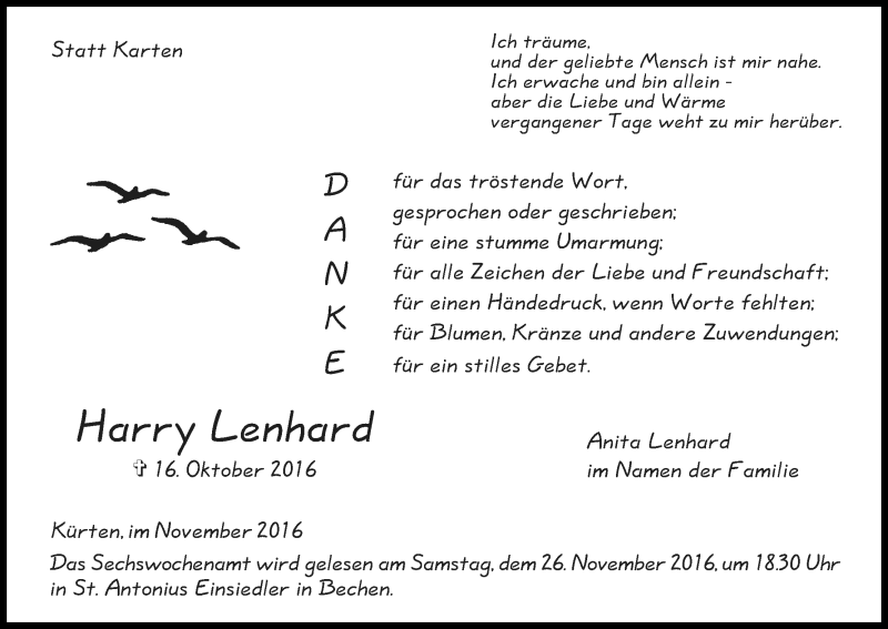  Traueranzeige für Harry Lenhard vom 19.11.2016 aus Kölner Stadt-Anzeiger / Kölnische Rundschau / Express