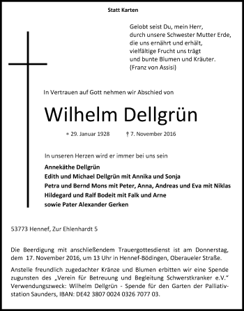 Anzeige von Wilhelm Dellgrün von Kölner Stadt-Anzeiger / Kölnische Rundschau / Express