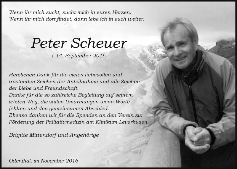  Traueranzeige für Peter Scheuer vom 16.11.2016 aus  Bergisches Handelsblatt 