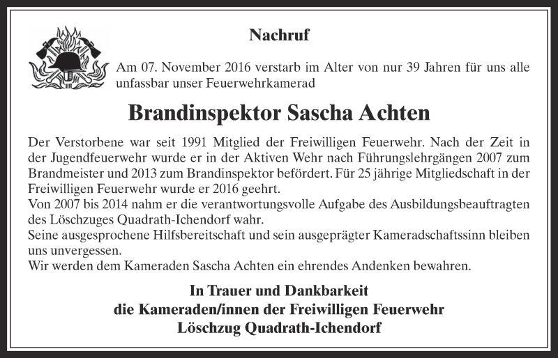  Traueranzeige für Sascha Achten vom 16.11.2016 aus  Werbepost 