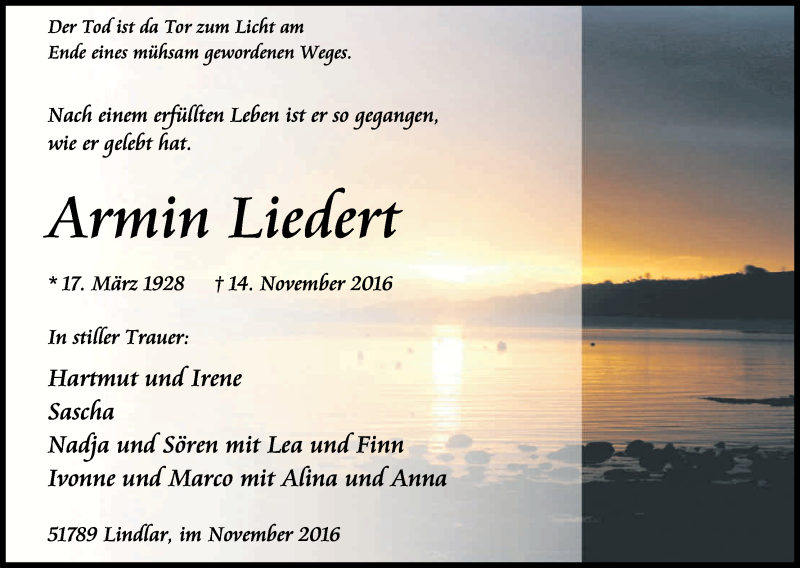  Traueranzeige für Armin Liedert vom 19.11.2016 aus Kölner Stadt-Anzeiger / Kölnische Rundschau / Express