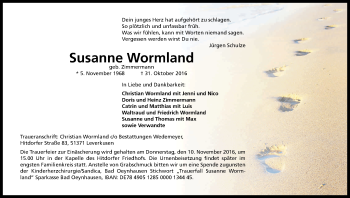 Anzeige von Susanne Wormland von Kölner Stadt-Anzeiger / Kölnische Rundschau / Express
