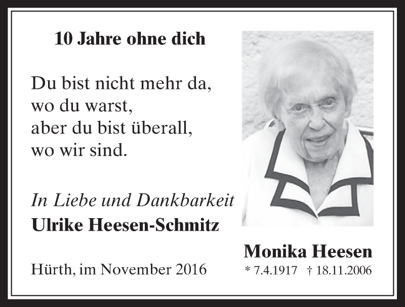  Traueranzeige für Monika Heesen vom 16.11.2016 aus  Wochenende 