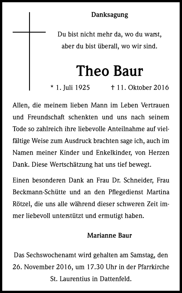  Traueranzeige für Theo Baur vom 19.11.2016 aus Kölner Stadt-Anzeiger / Kölnische Rundschau / Express